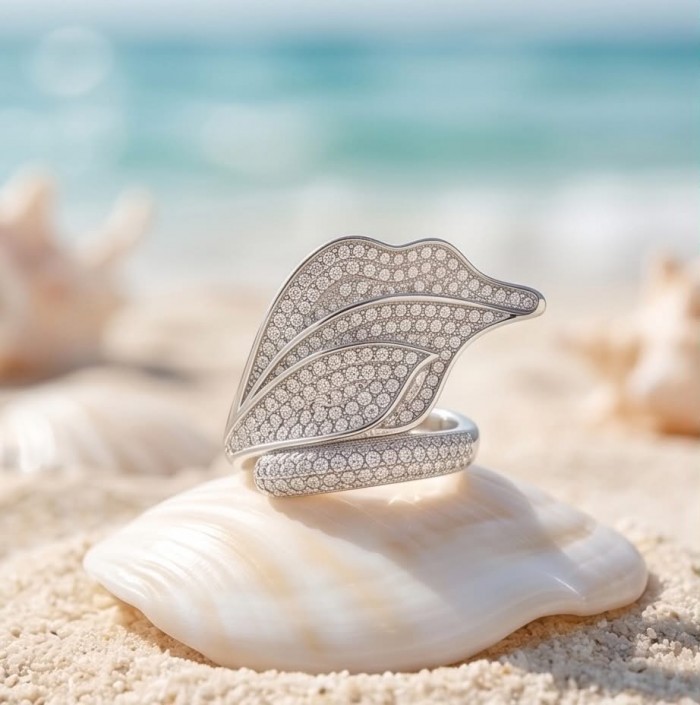 Luxurious Silver Leaf 3.8 carat White Topaz .925 Sterling Silver Solid ring size 8 - Silver leaf ring with white topaz on seashell near beach, side view.