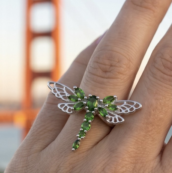 Green Dragonfly 6.2 carat Tsavorite Garnet .925 Sterling Silver Handcrafted Ring size 7 1/2 - Green dragonfly ring with tsavorite garnet, worn on hand, bridge backdrop