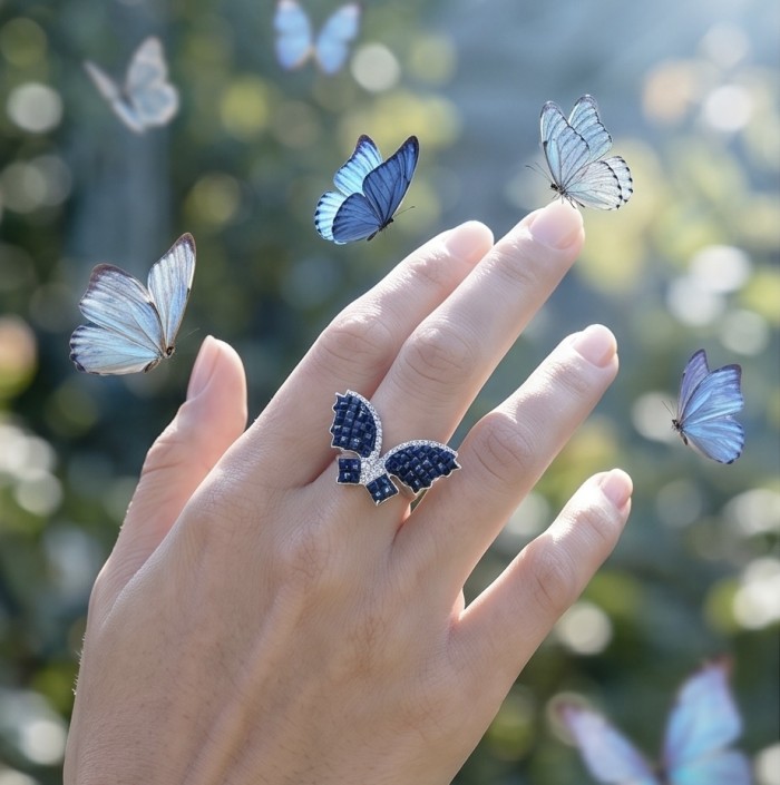 Blue Butterfly Authentic mystery setting 10.2 carat Sapphire .925 Sterling Silver handcrafted Ring size 7 - Blue butterfly ring worn on hand with fluttering butterflies nearby
