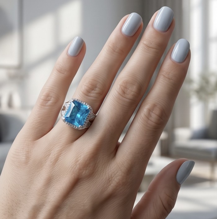 Blue OCEAN 14.3 carat Swiss Blue Topaz .925 Sterling Silver dipped in rhodium handcrafted ring size 8 1/4 - Blue topaz ring worn on hand, featuring 14.3 carat stone in sterling silver.