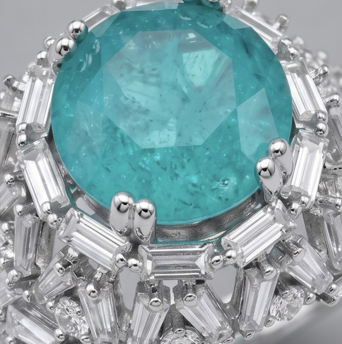 Elizabeth princess cut 8.8 carat Colombian Emerald 5.2 carat Moissanite .925 Sterling Silver dipped in Rhodium handcrafted Ring size 8 1/4 - Close-up of Elizabeth princess cut Colombian emerald and diamond ring
