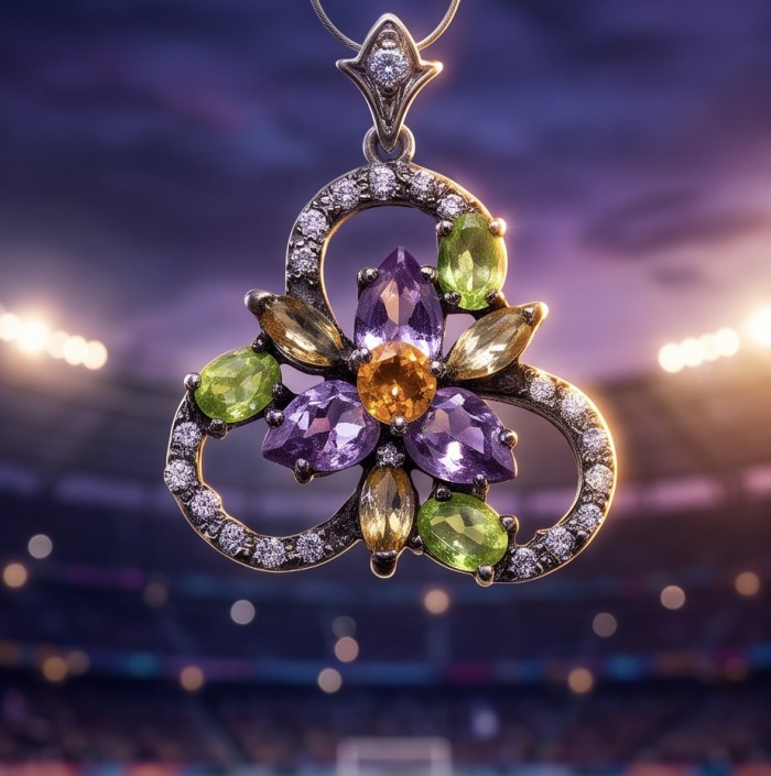 Colors of the Earth Precious 18.5 carat Multigem Rhodium over .925 Sterling Silver Statement Pendant - Multigem pendant close-up, vibrant gemstones in stadium lighting.