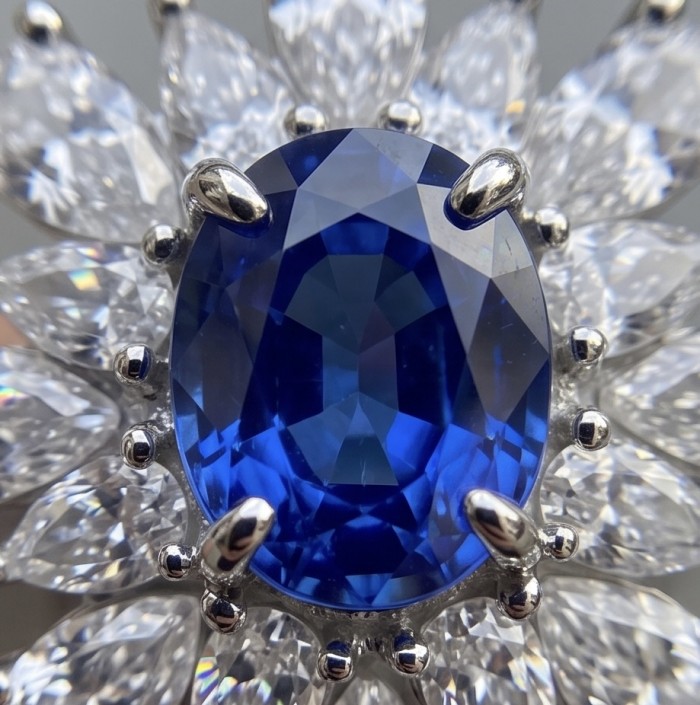Julietta floral design 4.5 carat Sapphire .925 Sterling Silver handmade Statement ring size 6 1/4 - Close-up of Julietta floral design 4.5 carat sapphire in sterling silver.