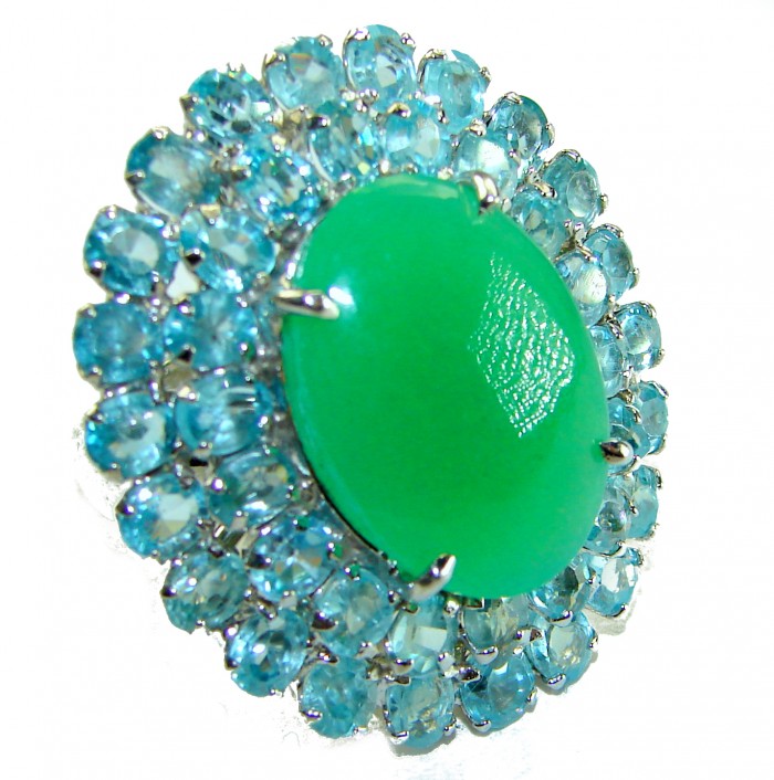 Good Fortune - Large Vintage Style 35.9 carat Jade Swiss Blue Topaz .925 Sterling Silver handmade Cocktail Ring s. 7 - Close-up of vintage-style jade ring with blue gemstones.