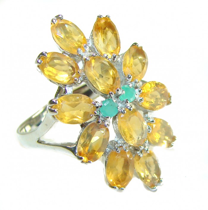Real Beauty 8.5 carat Authentic Citrine .925 Sterling Silver handcrafted Statement ring size 8 - Top view of citrine and turquoise flower ring in sterling silver setting