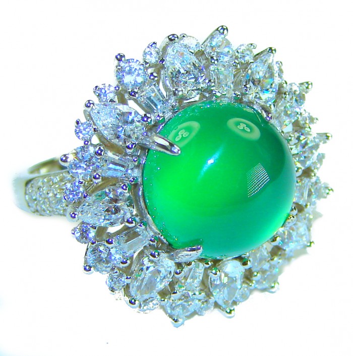 Good Fortune - Vintage Style 15.9 carat Jade .925 Sterling Silver handmade Cocktail Ring s. 6 1/4 - Close-up of vintage-style jade ring with diamond accents.