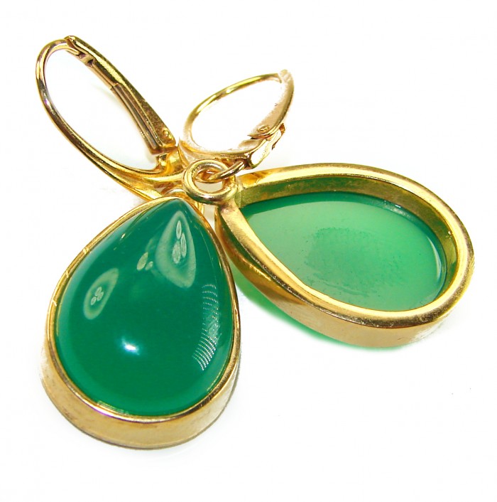Unique genuine Jade 18K Gold over over .925 Sterling Silver handcrafted earrings - Close-up of jade earrings in 18K gold over .925 sterling silver.