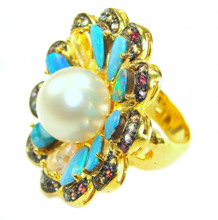 Giovanna- One-of-a-Kind genuine Australian Opal Pearl 18k Gold over .925 Sterling Silver Handcrafted Ring size 7 - Close-up of opal and pearl ring with gold setting.