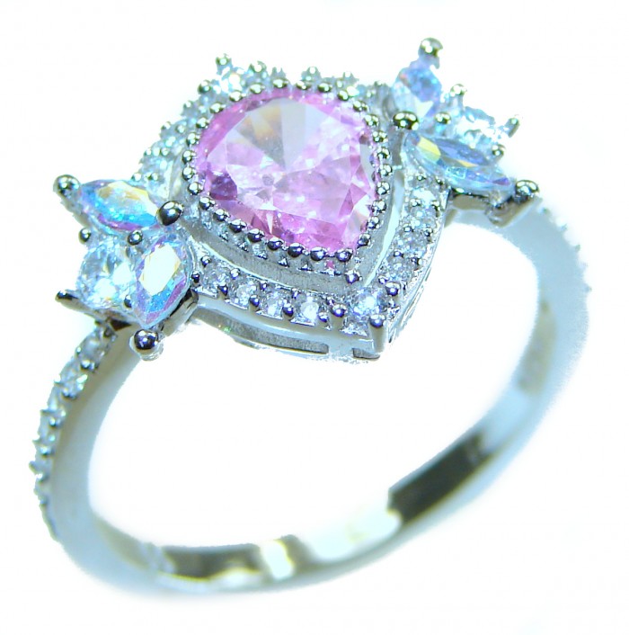 Blooming Beauty 5.5 carat Pink Sapphire .925 Silver handcrafted Cocktail Ring s. 8 - Pink Sapphire ring close-up, side view, .925 silver setting