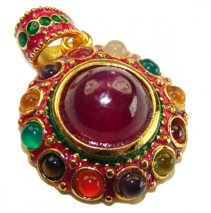 Circle of Life Deluxe 9.2 carat authentic Ruby enamel 18K Gold over .925 Sterling Silver handmade Pendant - Close-up of "Circle of Life" ruby pendant with colorful gemstones.