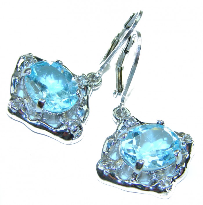Memories 10.5 carat Swiss Blue Topaz .925 Sterling Silver Handcrafted Earrings - Close-up of Swiss Blue Topaz earrings with sterling silver settings
