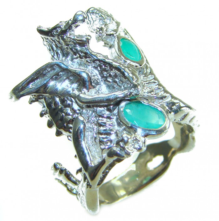 Two fighting dragons 4.8 carat Emerald .925 Sterling Silver handmade Statement Ring size 7 1/4 - Two fighting dragons ring with emeralds, side view.