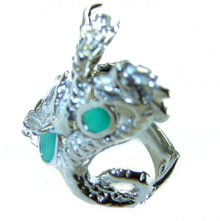Two fighting dragons 4.8 carat Emerald .925 Sterling Silver handmade Statement Ring size 7 1/4 - Side view of sterling silver ring with green emerald dragon design.