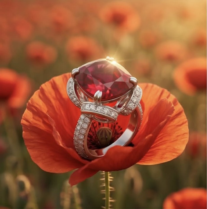 Carmen Natural 12.4 carat Ruby .925 Sterling Silver dipped in Rhodium handmade Statement Ring size 5 1/4 - Close-up of Carmen Ruby ring in poppy flower, sterling silver setting.