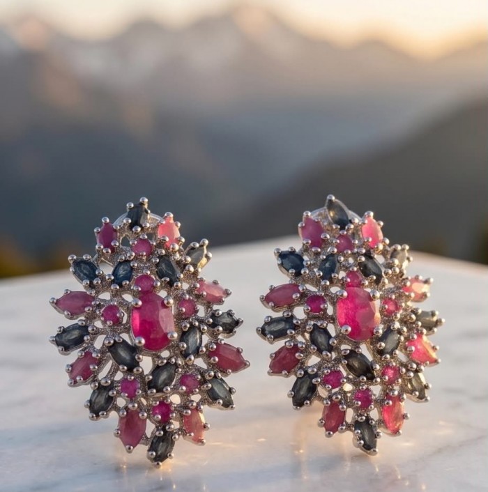 Bella Rosa Genuine 22.8 carat Ruby .925 Sterling Silver dipped in rhodium Statement brilliantly handcrafted earrings - Bella Rosa earrings, front view, ruby and sapphire on sterling silver.