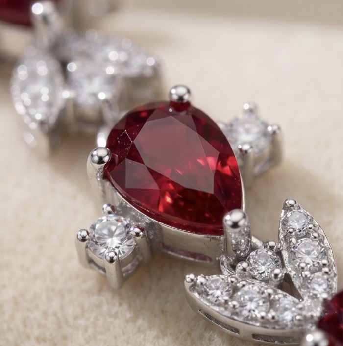 Crimson Fire 5.2 carat Ruby .925 Sterling Silver .925 Sterling Silver Statement Bracelet - Close-up of Crimson Fire ruby and diamond accents on sterling silver.