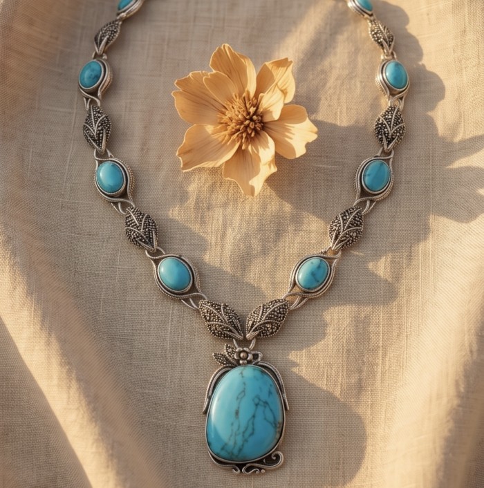 Luxurious Design genuine Turquoise Marcasite .925 Sterling Silver handcrafted Necklace - Top view of turquoise necklace with flower accent on fabric background.