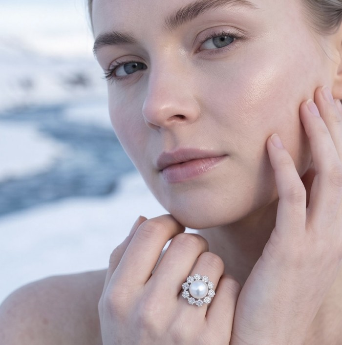 Authentic rare Freshwater Pearl .925 Sterling Silver handcrafted ring; s. 8 - Close-up of a pearl ring on hand with snowy background.