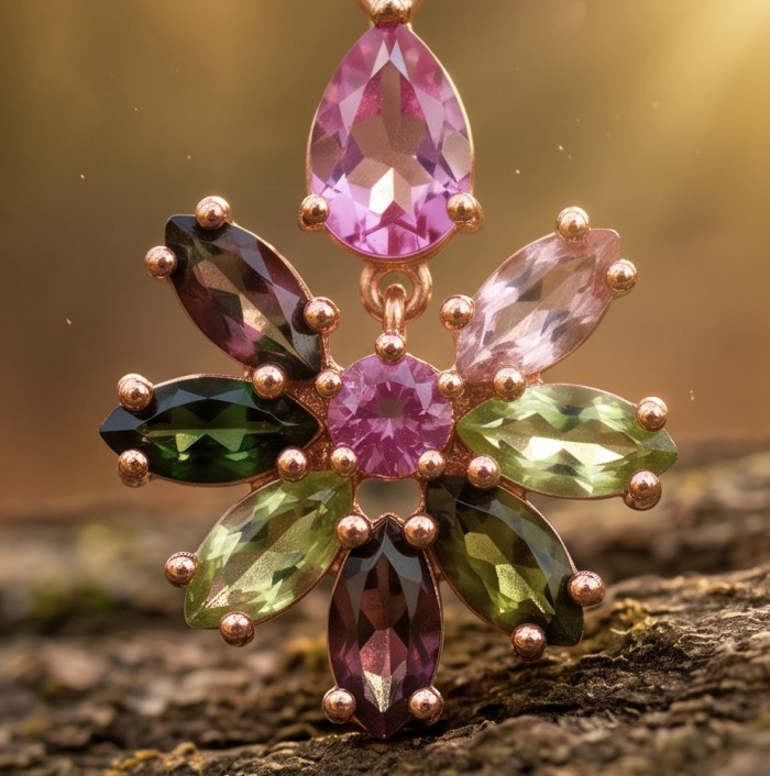 Authentic Brazilian Watermelon Tourmaline Tanzanite 18K Rose Gold over .925 Sterling Silver handcrafted earrings - Close-up of gemstone necklace in sunlight, floral design.