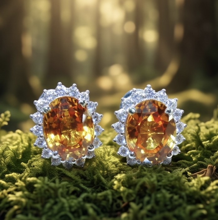 Victoria Authentic 785 carat Brazilian Citrine .925 Sterling Silver brilliantly dipped in rhodium handcrafted Statement earrings - Close-up of Victoria Brazilian Citrine Earrings on moss background.