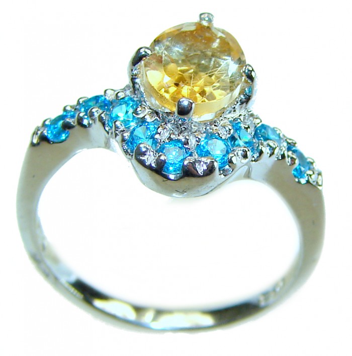 Unique Authentic 1.3 carat Citrine Swiss Blue Topaz .925 Sterling Silver handmade Cocktail Ring s. 5 1/4 - photo 3