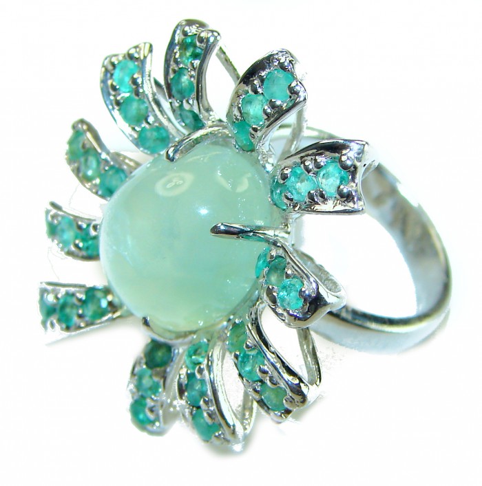 Large Marvelous Natural Moss Prehnite Emerald .925 Sterling Silver handmade ring s. 7 3/4 - photo 2