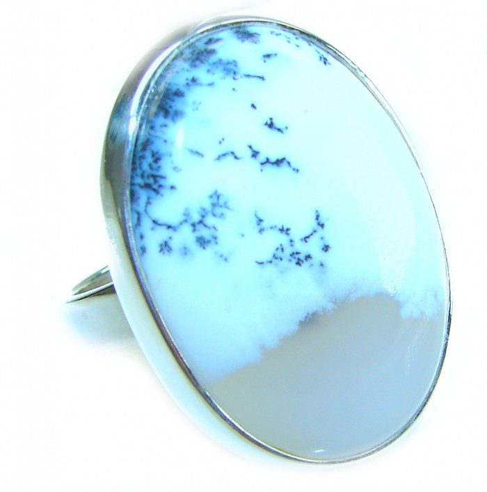 Top Quality Dendritic Agate .925 Sterling Silver handcrafted Ring s. 8 adjustable - Close-up of dendritic agate ring in .925 sterling silver setting.