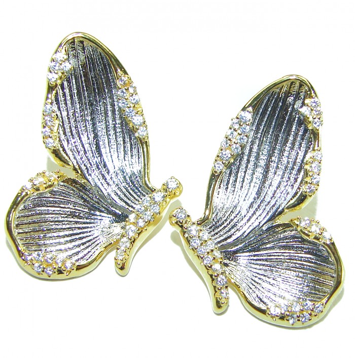Golden Butterfly authentic 14k Gold over .925 Sterling Silver handcrafted earrings - Gold butterfly earrings with silver detailing, front view, diamond accents