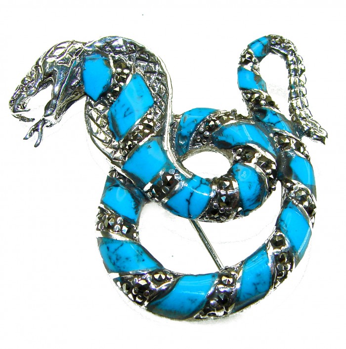 Cobra Snake inlay Turquoise .925 Sterling Silver handcrafted Brooch - Turquoise cobra brooch, angled view, sterling silver detail.