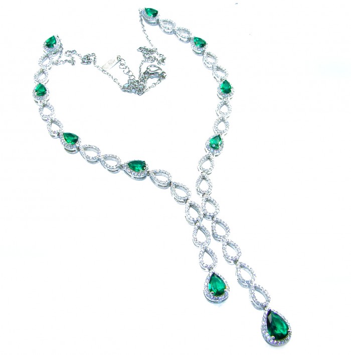 Green Royalty 14.2 carat Emerald .925 Sterling Silver .925 Sterling Silver Statement Necklace - Necklace with emerald teardrop stones and sterling silver loops, full view