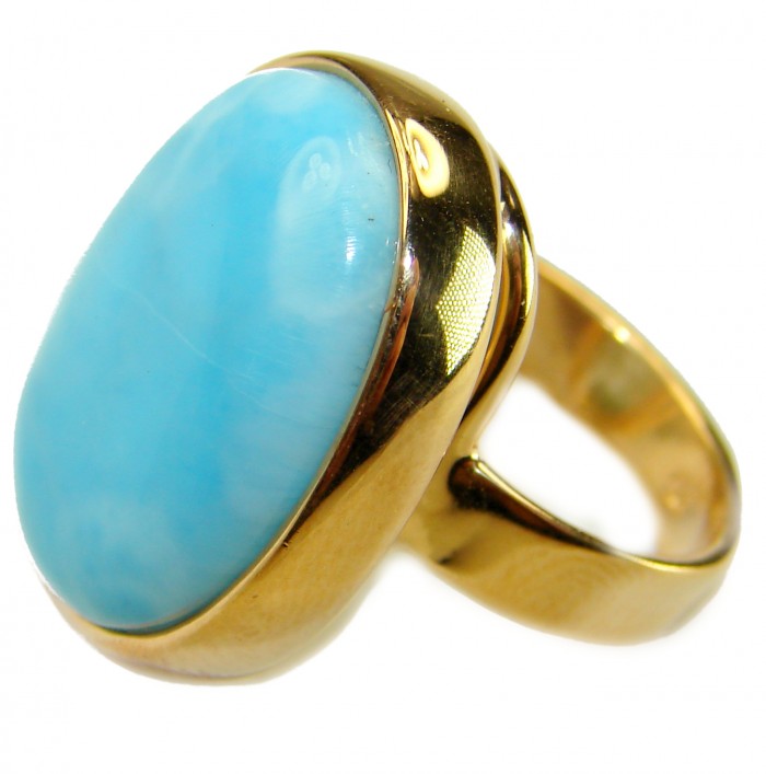 Blue Perfection AUTHENTIC Larimar 18K Gold over .925 Sterling Silver handmade Large ring size 8 adjustable - Side view of blue Larimar ring in 18K gold over .925 sterling silver.