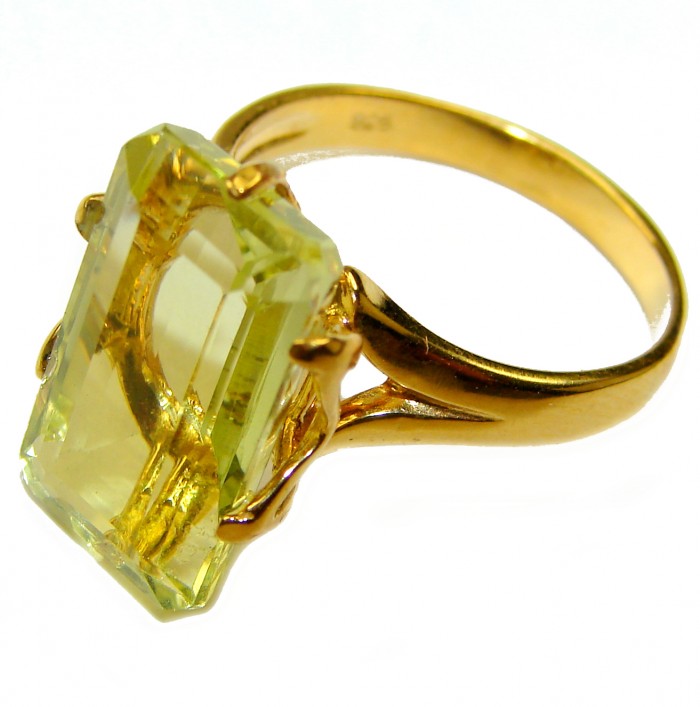 Solid 9.8 carat Genuine Lemon Quartz 18K Gold over .925 Sterling Silver handcrafted ring size 8 - Side view of 18K gold ring with 9.8 carat lemon quartz centerpiece