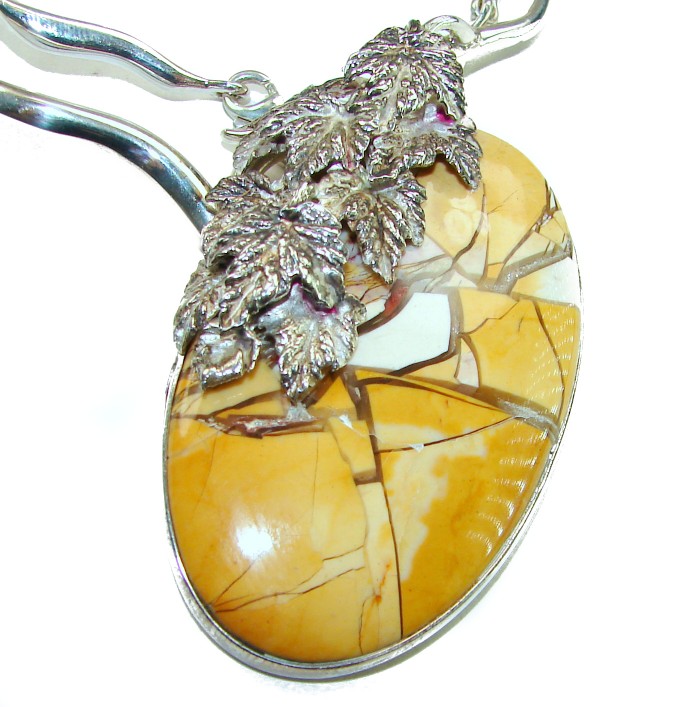 Huge Aura Of Beauty Australian Brecciated Mookaite Jasper .925 Sterling Silver handcrafted necklace - Close-up of Australian Brecciated Mookaite Jasper pendant with leaf detail