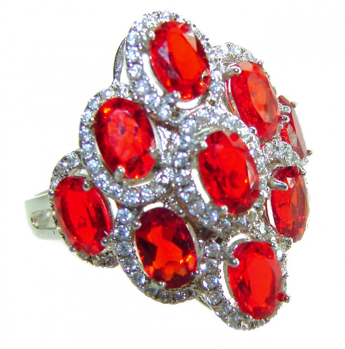 Exotic Beauty oval cut 17.5 carat Volcanic Helenite .925 Sterling Silver handmade Ring s. 8 - Close-up of Exotic Beauty ring with red oval stones and silver setting.