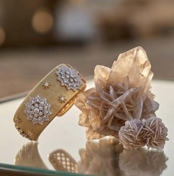 Spectacular authentic 10.8 carat White Topaz 14K Gold over .925 Sterling Silver handmade cuff Bracelet - Gold bracelet with diamond patterns beside rose quartz crystals.