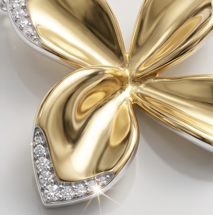 Lotus flower White Topaz highly polished 18K Gold over .925 Sterling Silver Italy made necklace - Close-up of lotus flower pendant in polished gold with white topaz
