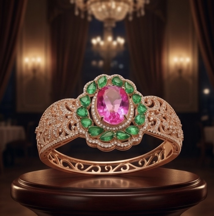 Ultimate Escape Luxurious Pink Rainbow Topaz 18K Rose Gold over .925 Sterling Silver handmade Bracelet - 18K rose gold ring with pink topaz and green stones, displayed on a pedestal.