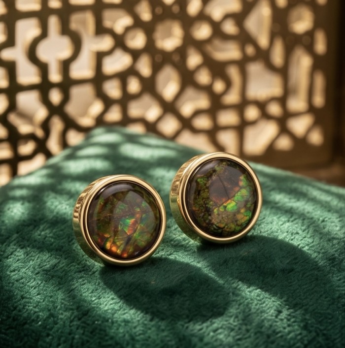 Sublime Aura Canadian Fire Ammolite 14K Rose Gold over .925 Sterling Silver handmade earrings - Close-up of Canadian Fire Ammolite earrings on green fabric.