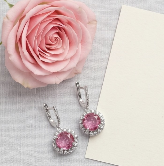 Emily 6.5 carat Brazilian Watermelon Tourmaline .925 Sterling Silver Handcrafted Earrings - Pink gemstone earrings with rose, top view, Emily Watermelon Tourmaline.