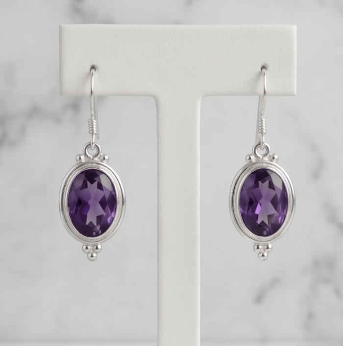 Lavender Beauty authentic 10.2 carat Amethyst .925 Sterling Silver handcrafted earrings - Amethyst earrings front view, 10.2 carat, .925 sterling silver.