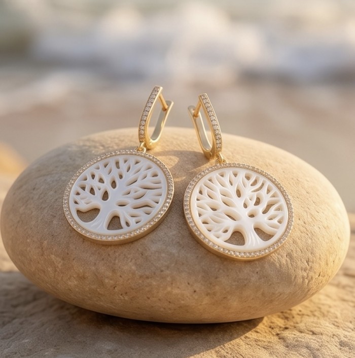 Family Tree - Large - Sublime Blister Pearl 18K Gold over .925 Sterling Silver handcrafted Earrings - Family Tree earrings on stone, close-up, 18K gold over, blister pearl design