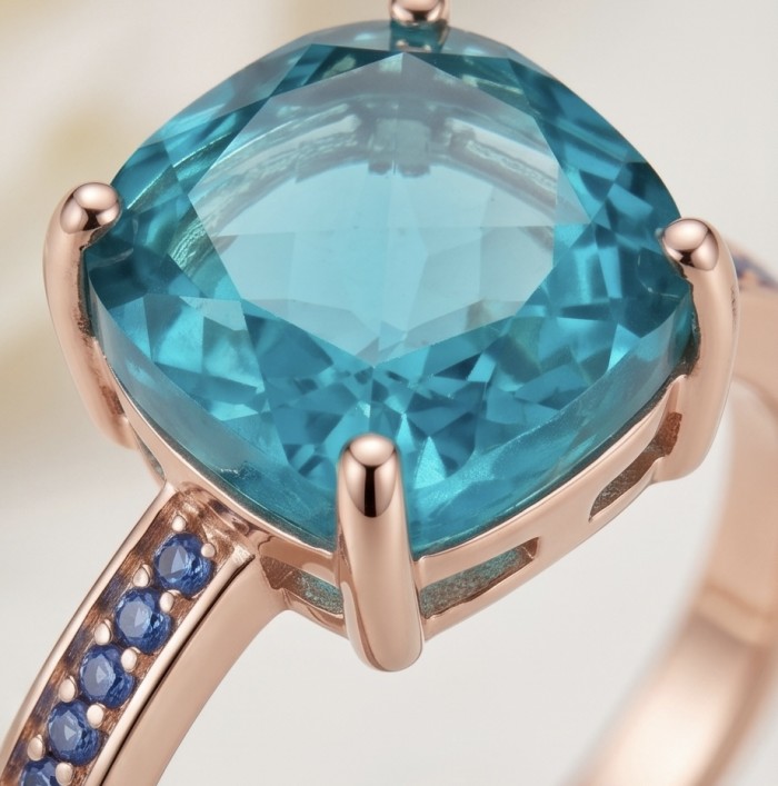 Costa del Sol 7.8 carat Apatite 14K Rose Gold .925 Sterling Silver Handcrafted Statement Ring size 7 - Close-up of Costa del Sol 7.8 carat Apatite ring in rose gold setting.