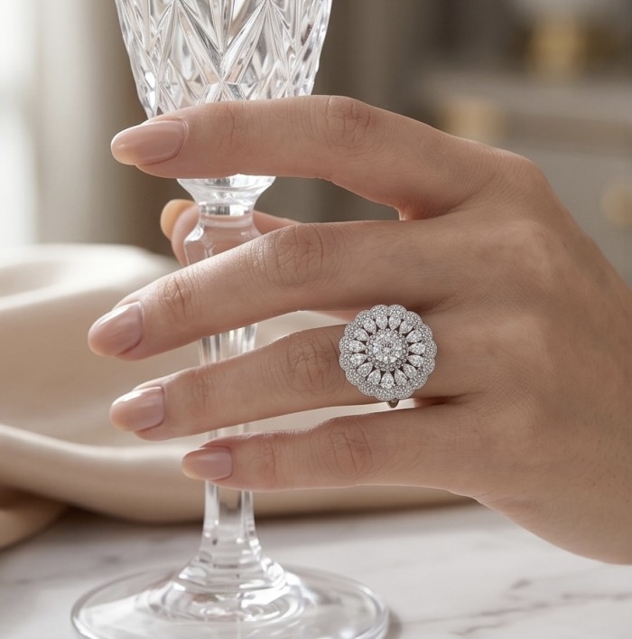 Giovanna - Precious 14.5 carta White Topaz rhodium over .925 Sterling Silver Statement ring size 7 1/2 - Hand wearing Giovanna ring holding a crystal glass.