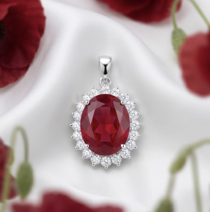 Authentic 17.5 CARAT Kasmir Ruby .925 Sterling Silver handcrafted Pendant - Ruby pendant on silk, close-up; 17.5 carat with diamond accents.