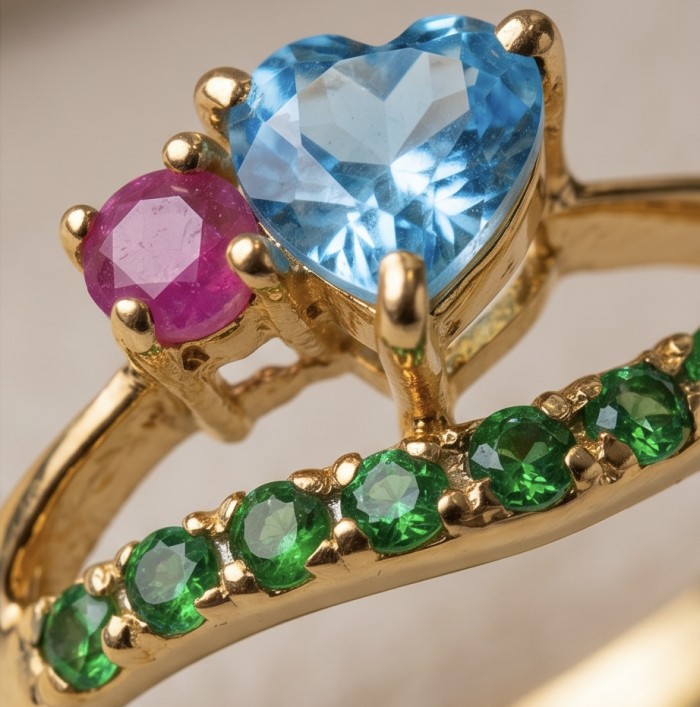 Atlntica 5.8 carat Swiss Blue Topaz .925 Sterling Silver dipped in 14K Gold handcrafted ring size 8 - Close-up of a gold ring with blue, pink, and green stones.