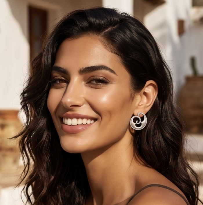 Waves 0.6 carat authentic White Topaz .925 Sterling Silver Handcrafted Earrings - Woman wearing Waves white topaz sterling silver earrings, side view