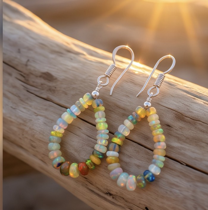 Golden Mist - Authentic 8.9 carat Ethiopian Opal .925 Sterling Silver handmade earrings - Ethiopian Opal earrings on wood, close-up with sunlight.
