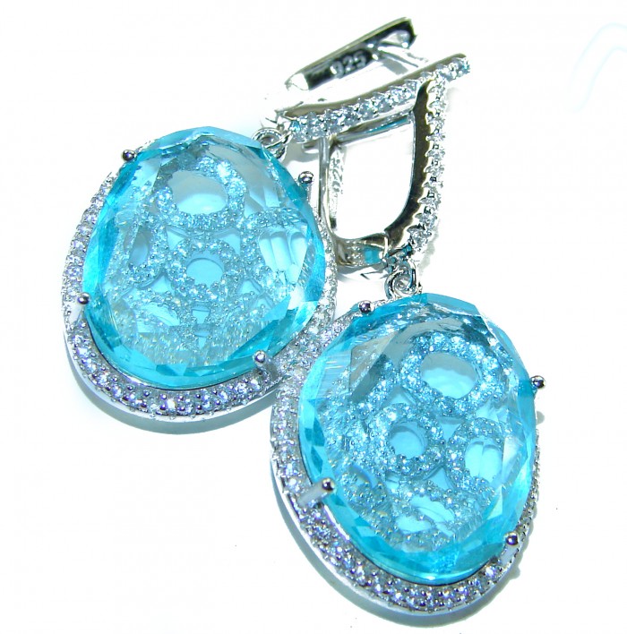 Eau Pure 18.5 carat Swiss Blue Topaz .925 Sterling Silver Handcrafted Earrings - Close-up of Eau Pure Swiss Blue Topaz earrings in sterling silver.