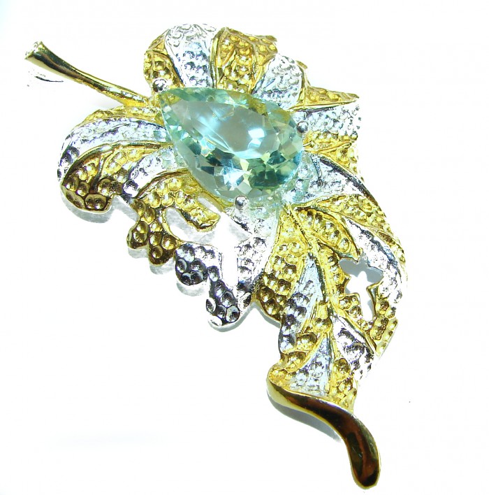 Precous Leaf Genuine Green Amethst 18K Gold over .925 Sterling Silver handcrafted Statement pendant - Leaf brooch with green amethyst, 18K gold over silver, top view.