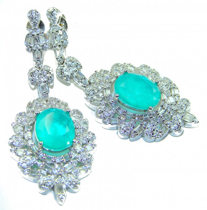 Pure Luxury 12.2 carat natural Colombian Emerald .925 Sterling Silver handmade Statement earrings - Close-up of emerald and diamond earrings with intricate silver detailing.